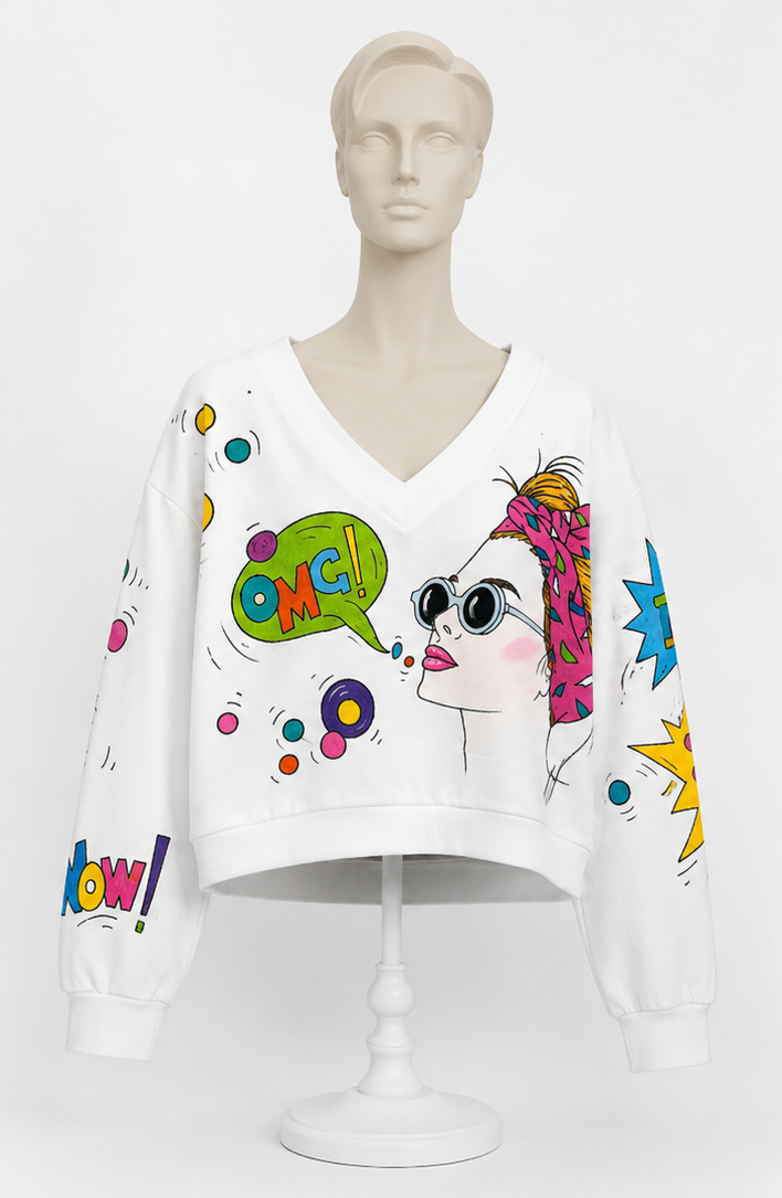 Felpa Cropped Pop Art con Scollo a V