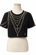 T-shirt Cropped Nera con Decorazione "Trompe-l'œil" di Gioielli e Borchie